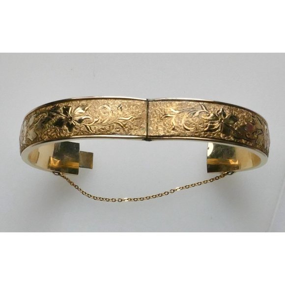 Beautiful Antique Botanical 12K Gold Filled Hinged Bangle Bracelet Signed FM - Picture 7 of 10